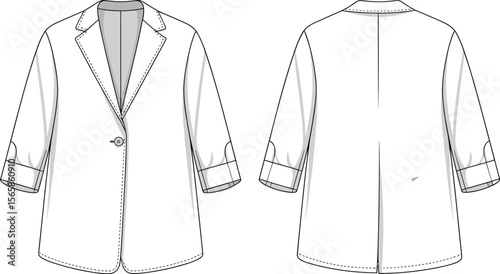 Fashion flat sketch of oversized blazer jacket, one-button front closure, three-quarter sleeve, technical garment drawing, vector illustration outline