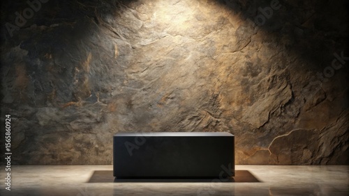 A dark block sits on a polished floor against a textured stone wall, dramatically lit from above.