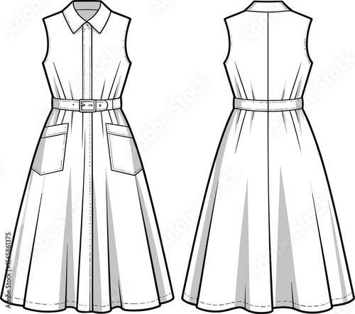 Fashion flat sketch of sleeveless belted shirt dress with front button placket, wide hem, pockets, cad drawing vector illustration