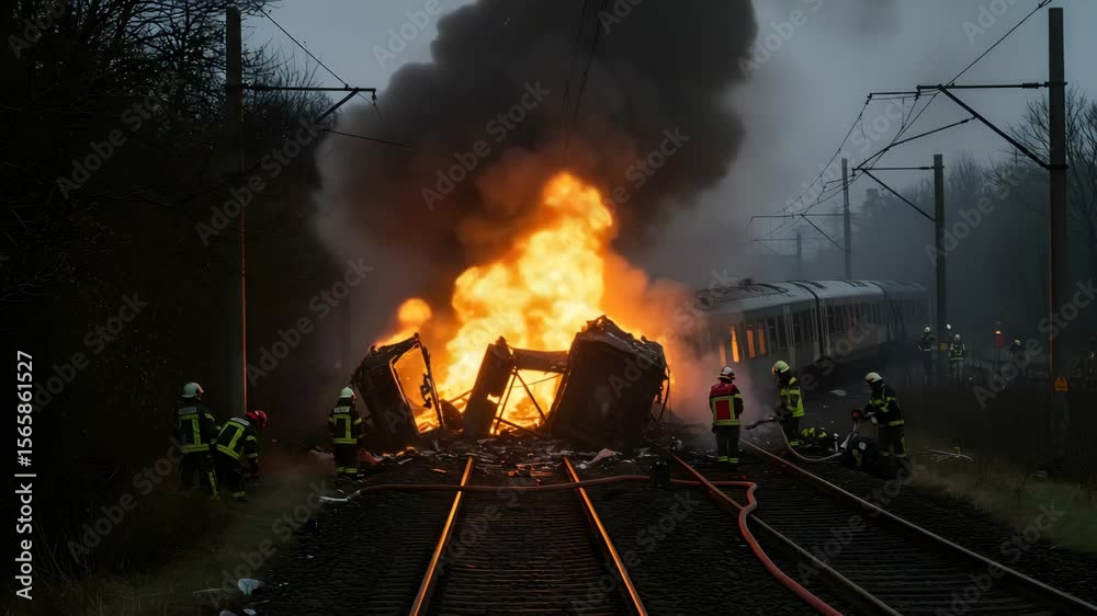 Firefighters battle a large fire from a derailed train accident, with smoke billowing and emergency response at a crash site footage.