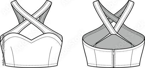 Fashion flat sketch of women's criss-cross back crop top, sweetheart neckline, technical vector drawing for apparel design and garment template