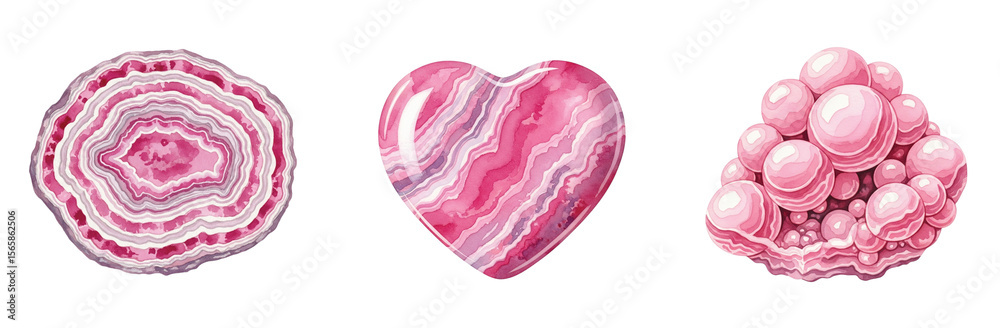 Obraz premium Elegant watercolor illustration of pink rose quartz and rhodochrosite gemstones, featuring a polished agate slice, a heart-shaped stone, and a botryoidal cluster, ideal for healing, spiritual