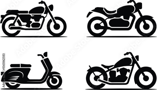 Four motorcycle silhouettes arranged in a square formation on a light gray background image design