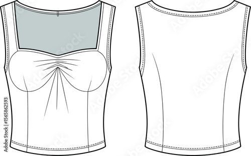 Fitted bustier top technical fashion sketch front and back, flat vector template, gathered cup detail, cad drawing for apparel design