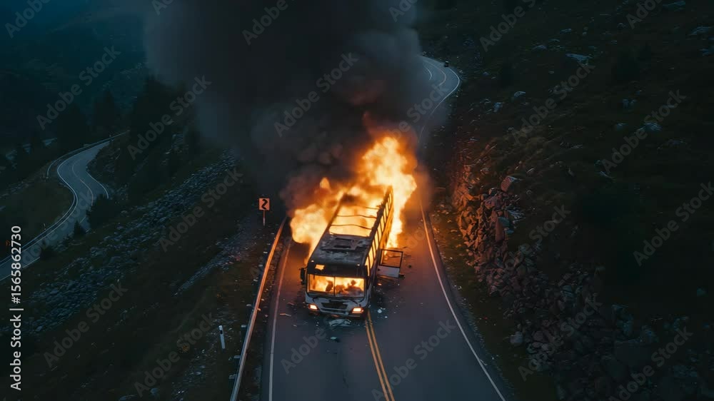 Bus engulfed in flames on a mountain road at night, thick smoke rising ...