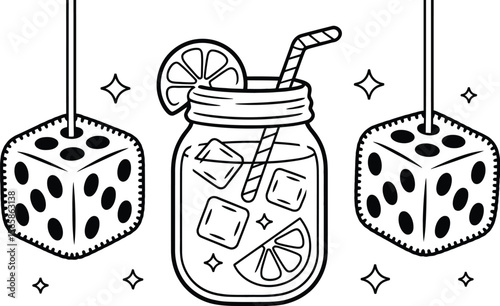 Illustrated pink lemonade in a mason jar with dice hanging on either side on a light pink background