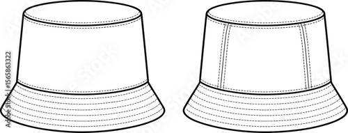Flat sketch of unisex bucket hat front and back view with stitching detail, technical fashion CAD drawing, vector illustration template