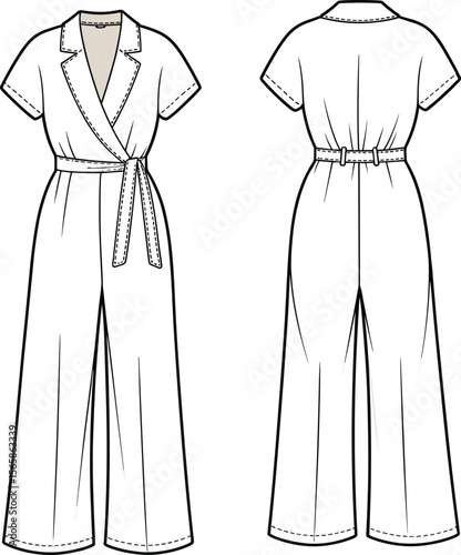 Flat sketch of wide leg wrap jumpsuit with belt, short sleeves, front and back technical view, fashion cad vector design