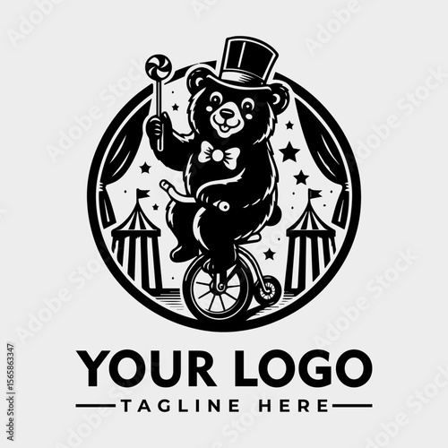 A black and white logo featuring a bear wearing a top hat, riding a unicycle, and holding a lollipop, inside a circus tent design.