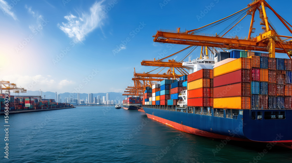 Fototapeta premium Container Ships at Busy Port with Colorful Cargo in Bright Blue Sky and City Skyline in Background