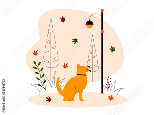Dog sits in a city park enjoying fall season. Fall season illustration. Autumn vector flat illustration.