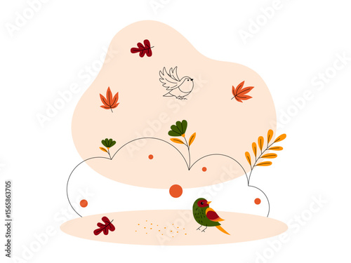 Birds enjoying fall season in city park. Fall season illustration. Autumn vector flat illustration.