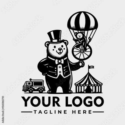 A dapper bear ringmaster presents a monkey parachutist, alongside a circus tent and van, in a vintage-style logo design.