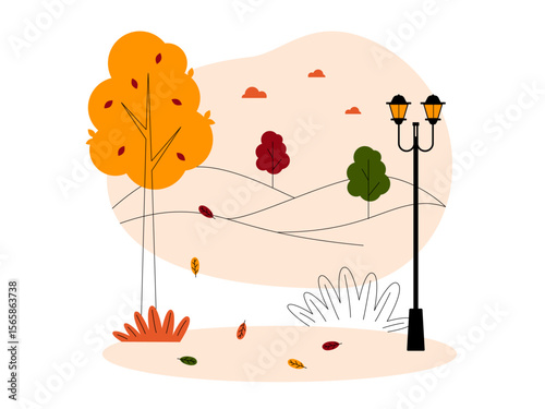 Fall season mood in the park near the hills. Fall season illustration. Autumn vector flat illustration.
