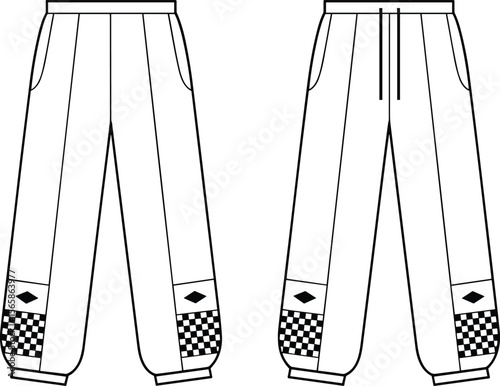Flat vector cad drawing of jogger pants with checkerboard cuffs, fashion technical illustration, modern streetwear style for design template use