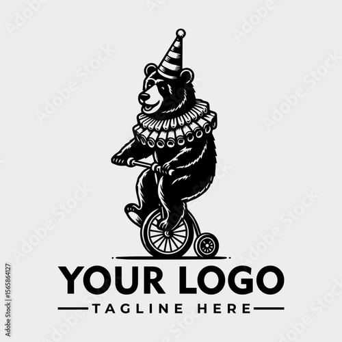 A bear wearing a clown collar and hat rides a unicycle with a small training wheel.