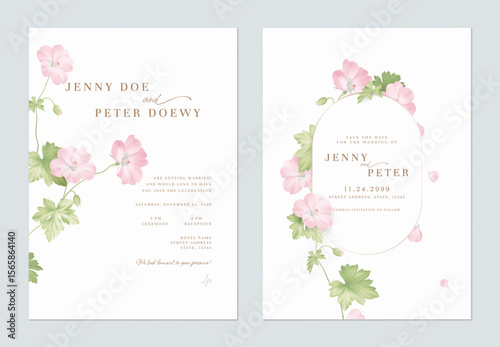 Wedding invitation and save the date template set of elegant pink Geranium Mavis Simpson flowers and leaves on a solid cream background