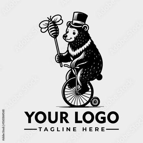 A dapper bear in a top hat rides a unicycle, holding a honey dipper with a bee.