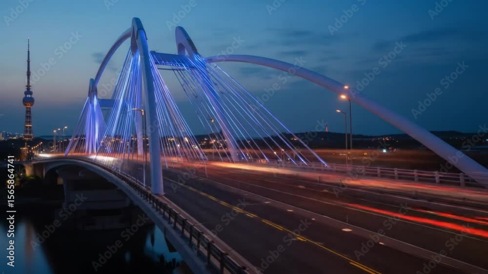 Spectacular Nighttime View of a Modern Bridge with Traffic Light Trails and Tower in Distance Spectacular Nighttime View of a Modern Bridge with Traffic Light Trails and Tower in Distance