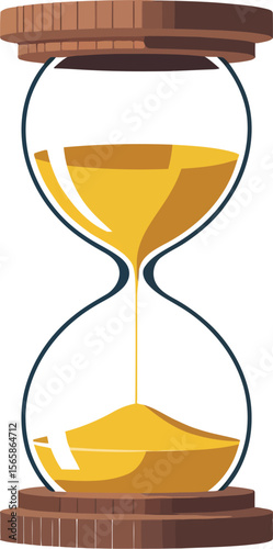 An illustration of an hourglass with brown wooden supports and yellow sand on a white background