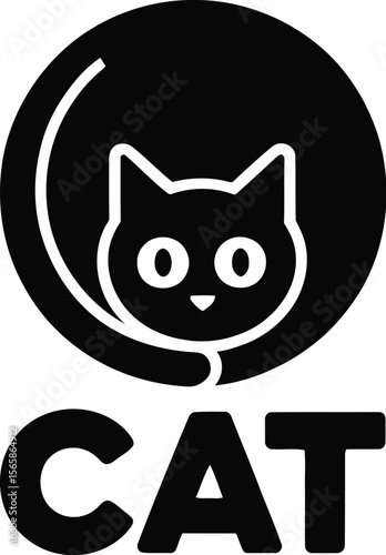 Illustration of a black cat head inside a black circle with the word cat written below the circle