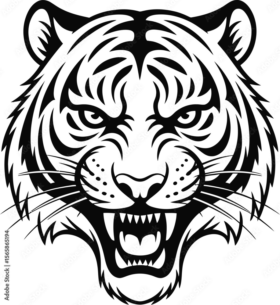 Fototapeta premium Roaring Tiger Head: Ferocious Black and White Wildlife Vector Art