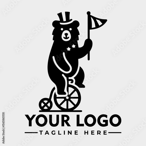 A bear wearing a top hat rides a unicycle while holding a flag. Logo template.