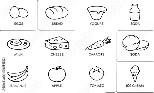 Illustrated food icons arranged on white squares with shadows creating a minimalist aesthetic display
