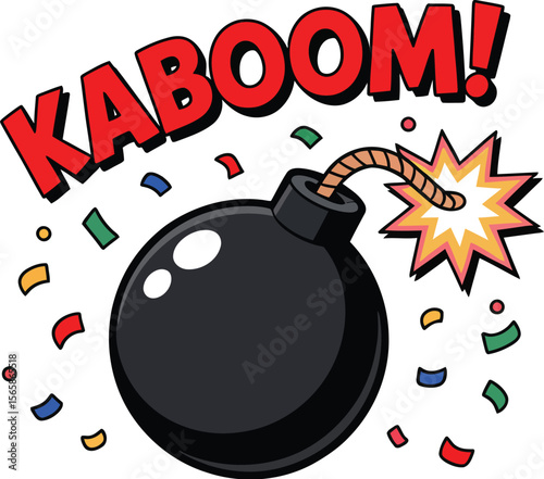 A cartoon image of a bomb with a lit fuse and the word kaboom surrounded by confetti pieces