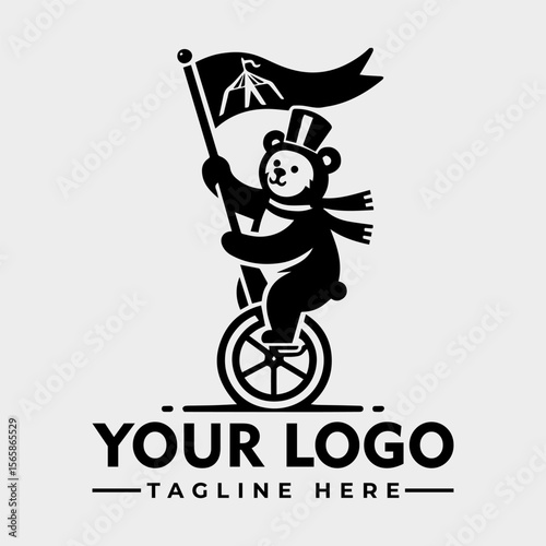 A dapper bear, wearing a top hat and scarf, proudly rides a unicycle while carrying a flag.