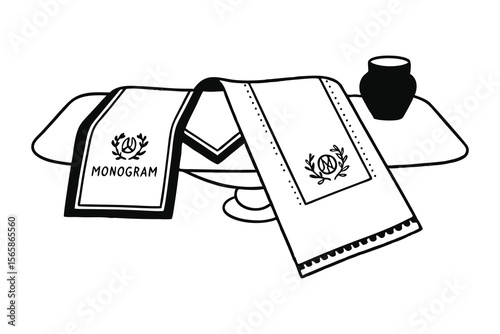 A monochrome illustration of table setting featuring monogrammed napkins and decorative vase for branding purposes