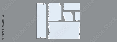 Torn paper pieces set. Light blue ripped paper sheet strips collection. Shapes and elements with jagged uneven edges for collage, text box, banner, sticker, poster. Vector textured cardboard fragments