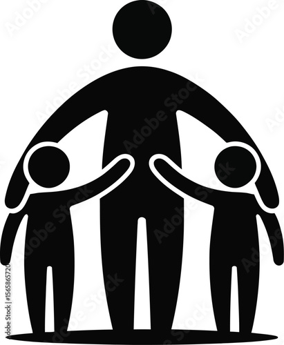 A black and white illustration of an adult figure with two smaller figures on either side of them