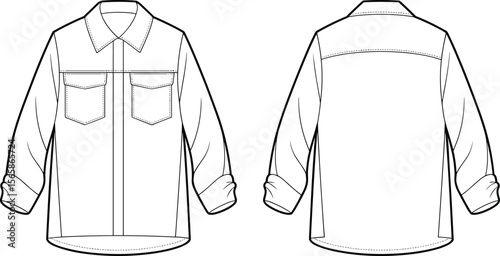 Front and back view of casual overshirt with long sleeves, rolled cuffs, flap pockets, button up design, fashion cad vector illustration