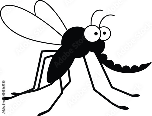 A cartoon mosquito with big eyes and a leaf in a black and white illustration on a white background