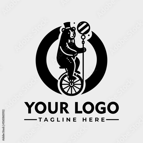A bear wearing a top hat rides a unicycle while holding a striped lollipop, set against a circular background.