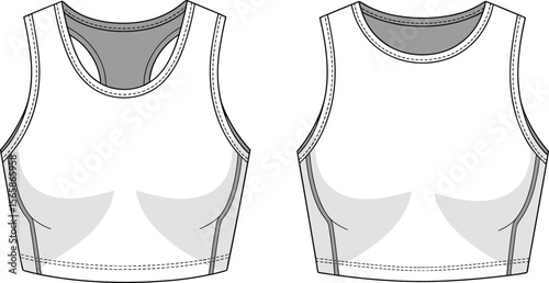 Front and back view sports crop top technical flat sketch, fashion vector template for activewear, workout, fitness clothing design illustration