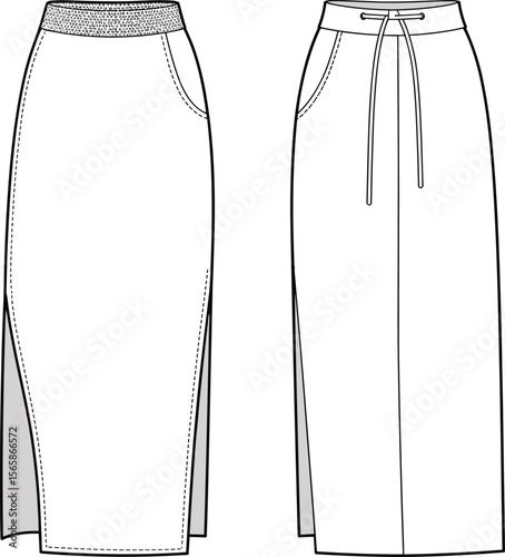 High waist drawstring maxi skirt flat sketch, side slit pocket design, front and back fashion view, vector cad illustration