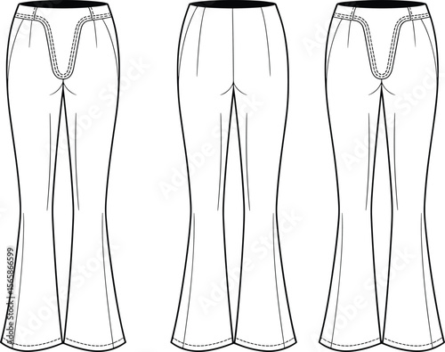 High waist flared pants technical sketch front and back view, flat fashion CAD drawing, vector illustration for fashion design template