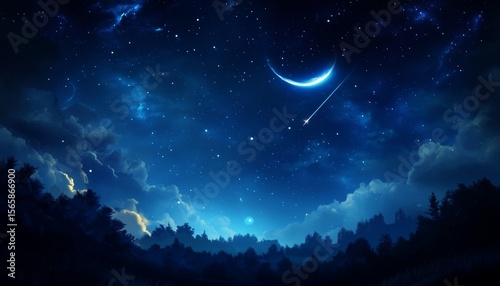 Night sky with stars and half moon, and tree shadow on bottom