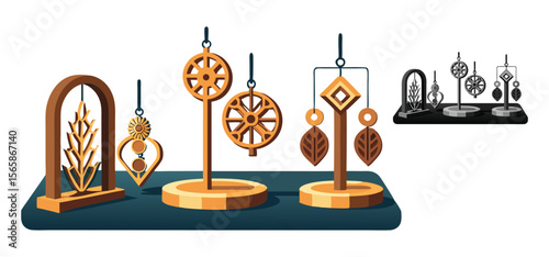 Abstract illustration of fashion jewelry display featuring geometric designs decorative accessories and elegant jewelry stands