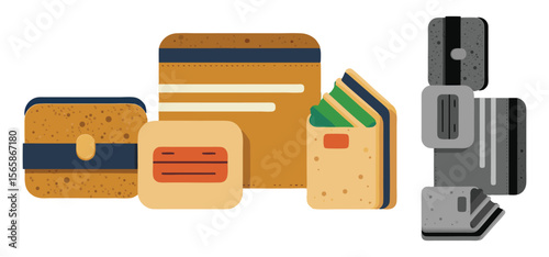 Artistic illustration featuring assorted wallets and card holders in various designs and unique textured finishes