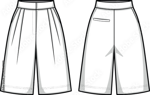 High waist wide leg pleated culottes flat front and back technical sketch, fashion vector CAD template for design and illustration