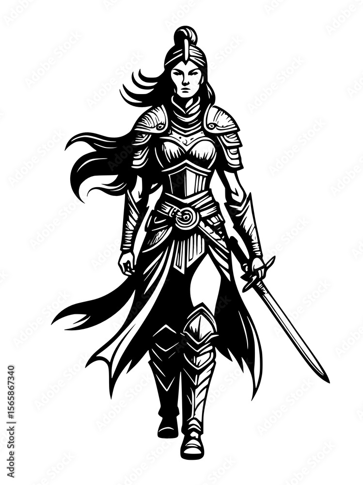 Fototapeta premium black and white illustration of a woman in a sword