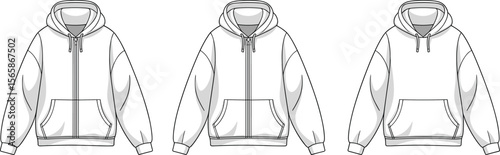 Hoodie front view mockup set, unisex zip-up and pullover styles, blank sweatshirt fashion template, vector apparel design illustration