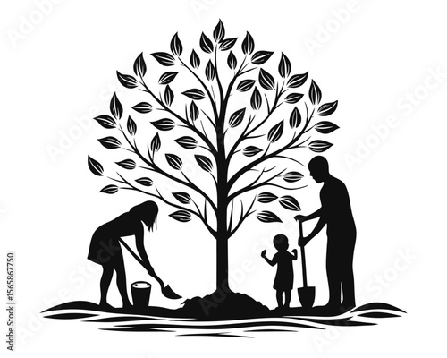 A heartwarming silhouette depicts a loving family diligently planting a young tree together symbolizing growth nature and shared environmental responsibility