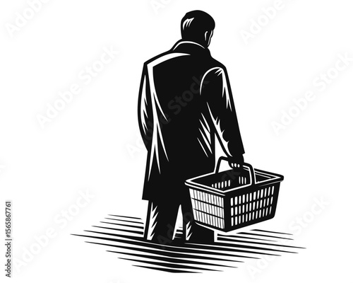 A solitary male figure depicted in a stark graphic outline carries a substantial shopping basket filled with unseen goods suggesting commerce or personal errands