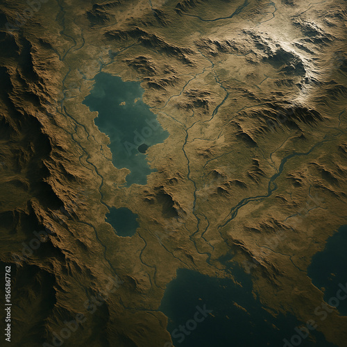 cave in the cave-Satellite view of earth-like terrain, accurate physics-based topography, layered shadows