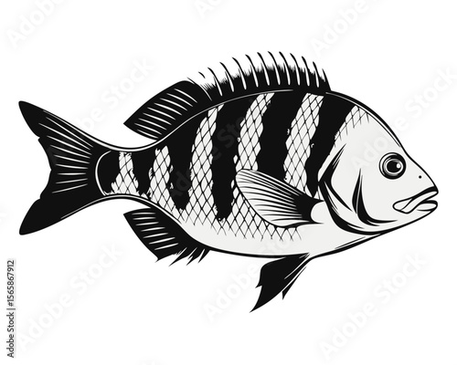 Detailed illustration of a mature sheepshead fish archosargus probatocephalus showcasing its distinctive features for educational or promotional purposes