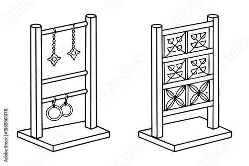 Black and white illustration of jewelry display stands with earrings and decorative panels for presentation purposes